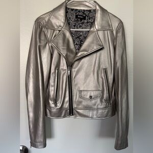 DKNY Metallic Silver Leather Moto Jacket